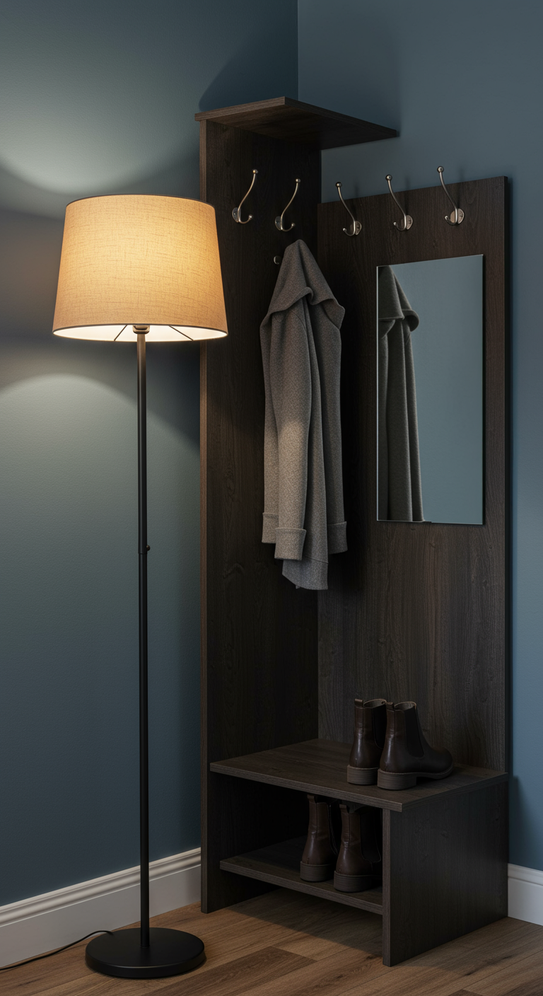 Schmale, dunkle Holzgarderobe mit Spiegel, Haken und Schuhablage