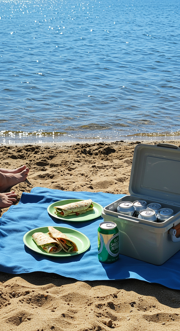 Picknick am Strand mit Wraps auf Tellern, Kühlbox und Blick aufs Wasser.