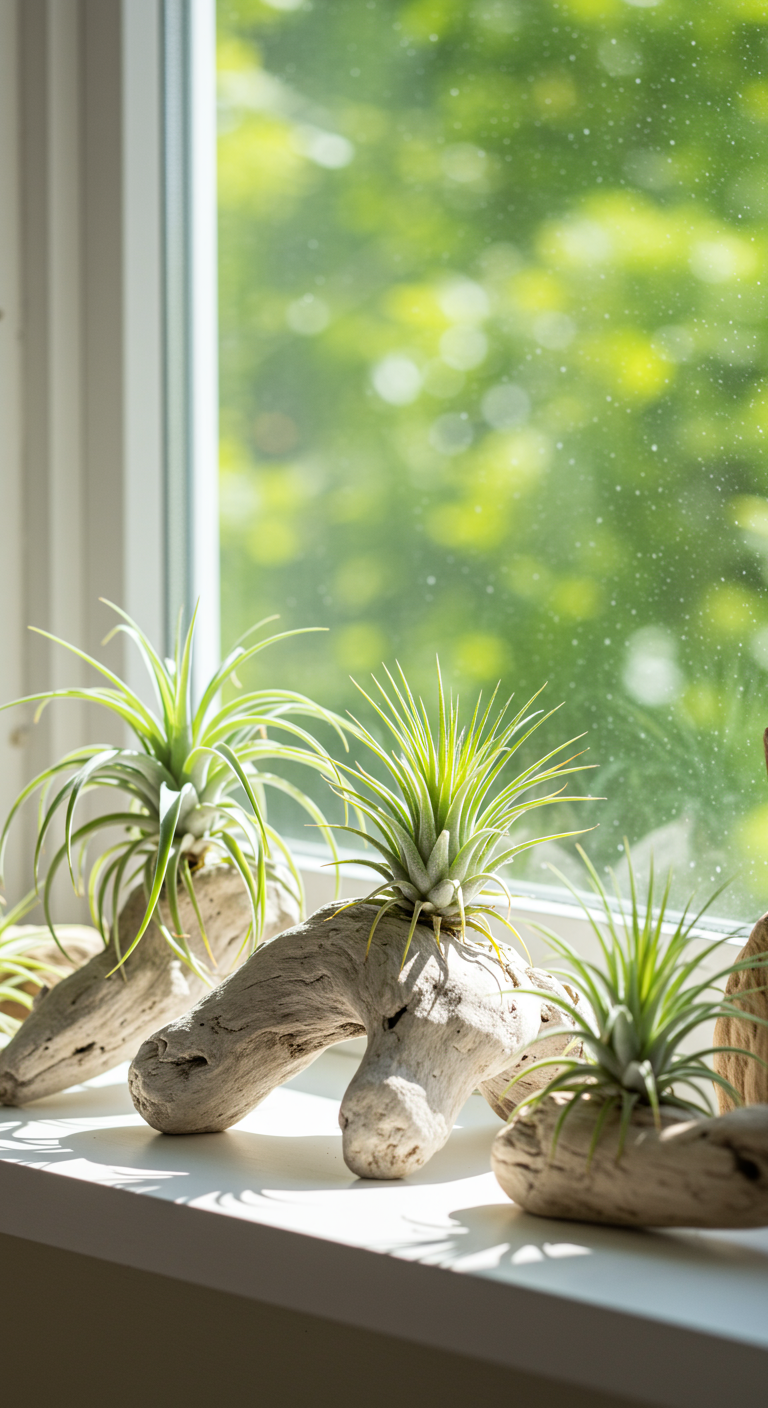 Tillandsien (Luftpflanzen) in ausgehöhlten Treibholzstücken am Fenster.
