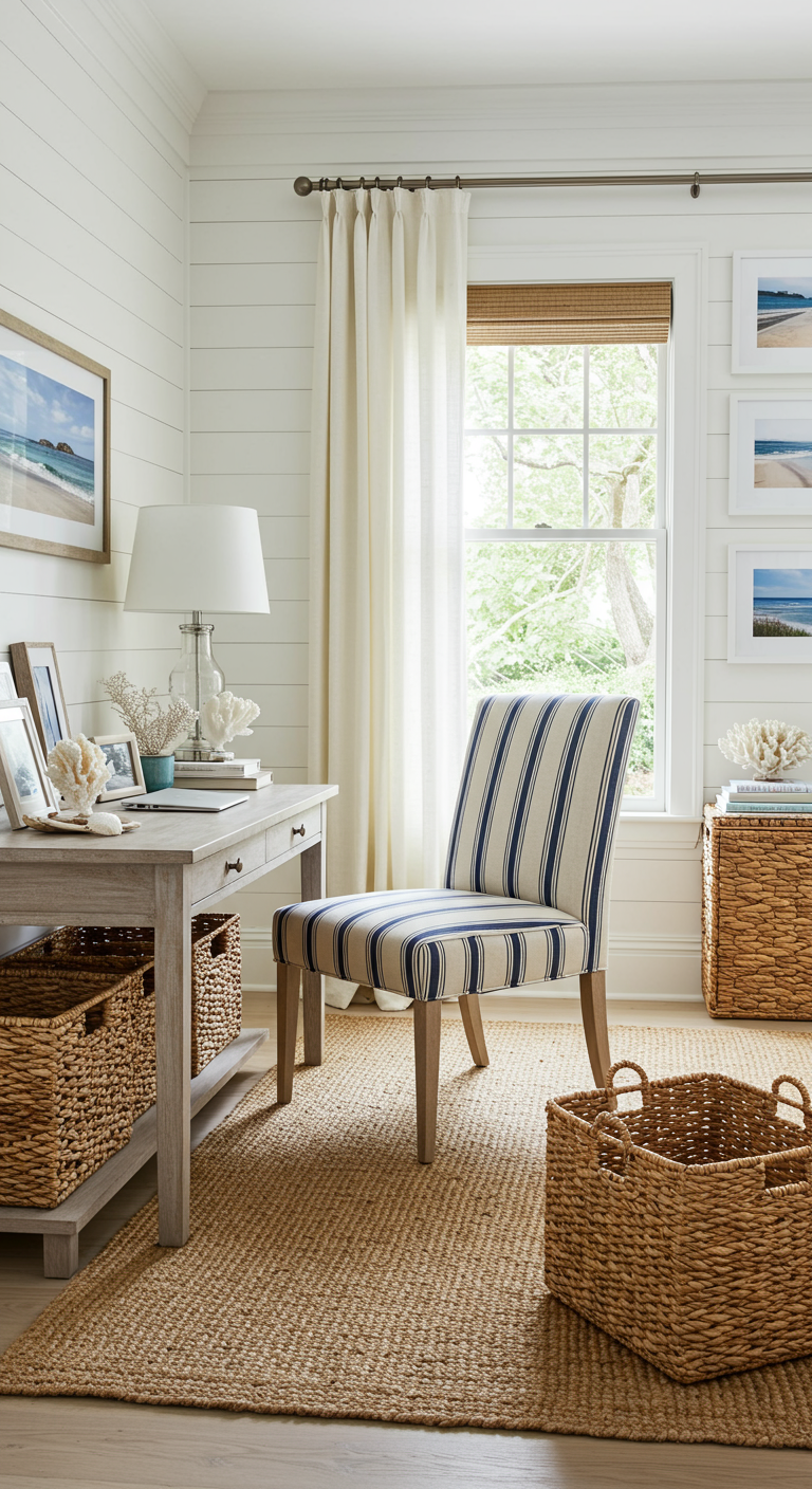 Helles Home Office im maritimen Stil mit gestreiftem Stuhl und Rattankörben.