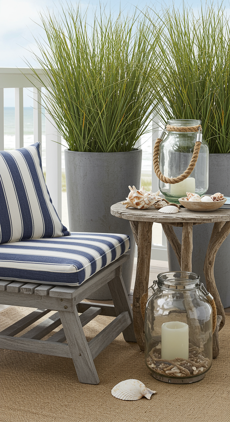 Maritim dekorierter Balkon mit Holzmöbeln, blau-weißen Streifen und Muscheln.