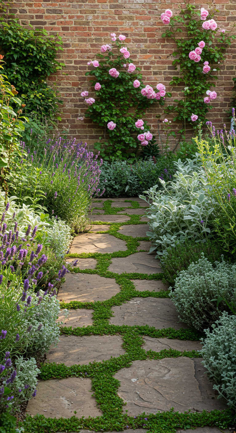 Geschwungener Gartenweg aus Natursteinplatten mit begrünten Fugen, gesäumt von Lavendel und Rosen.