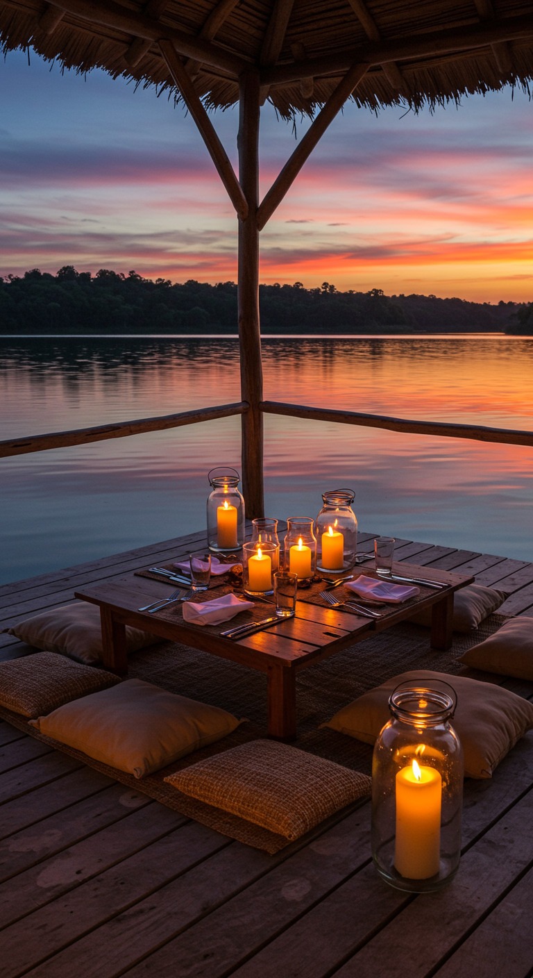 Kleiner Tisch mit Kerzen in Gläsern auf einem Holzsteg bei Sonnenuntergang am Wasser.