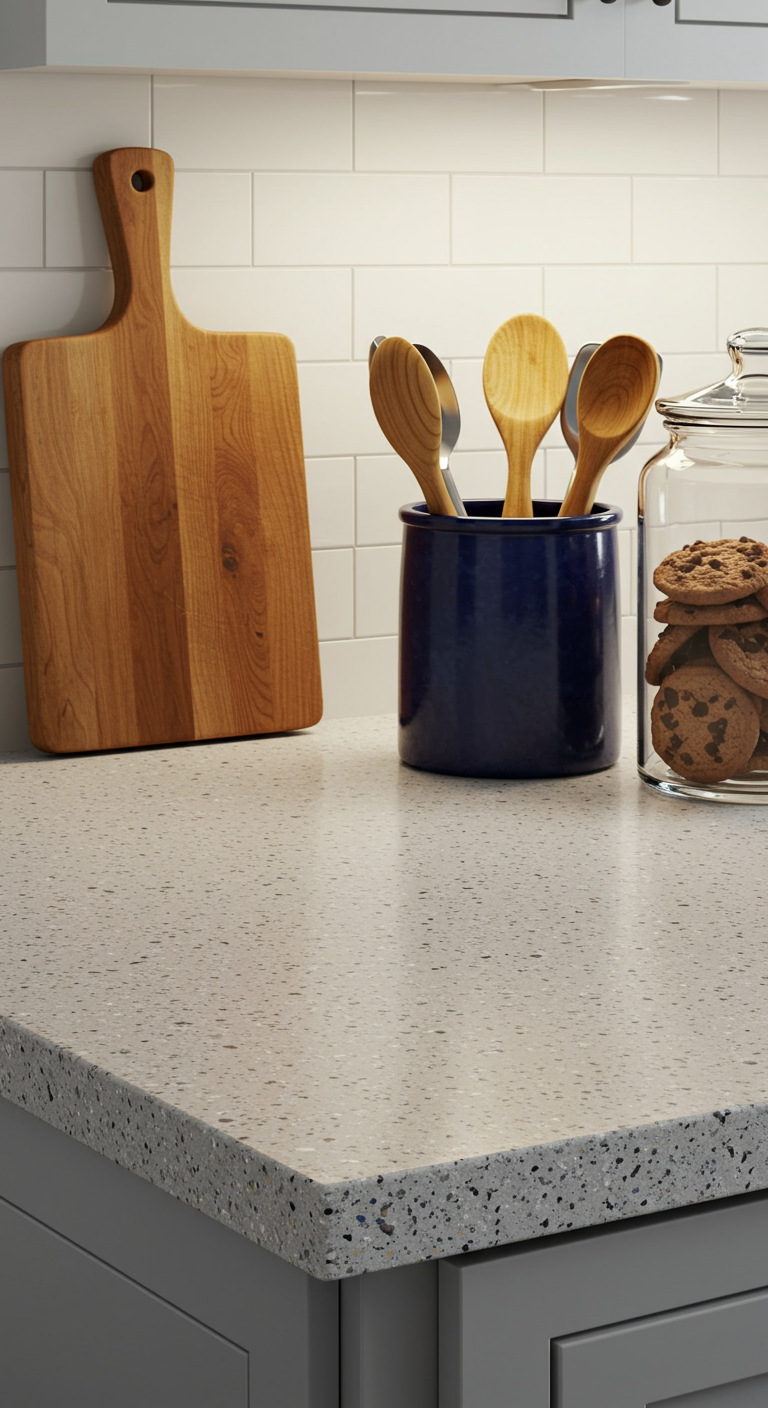 Küchenarbeitsfläche mit einem blauen Keramiktopf voller Holzlöffel, einem Holzschneidebrett und einem Glas Kekse.