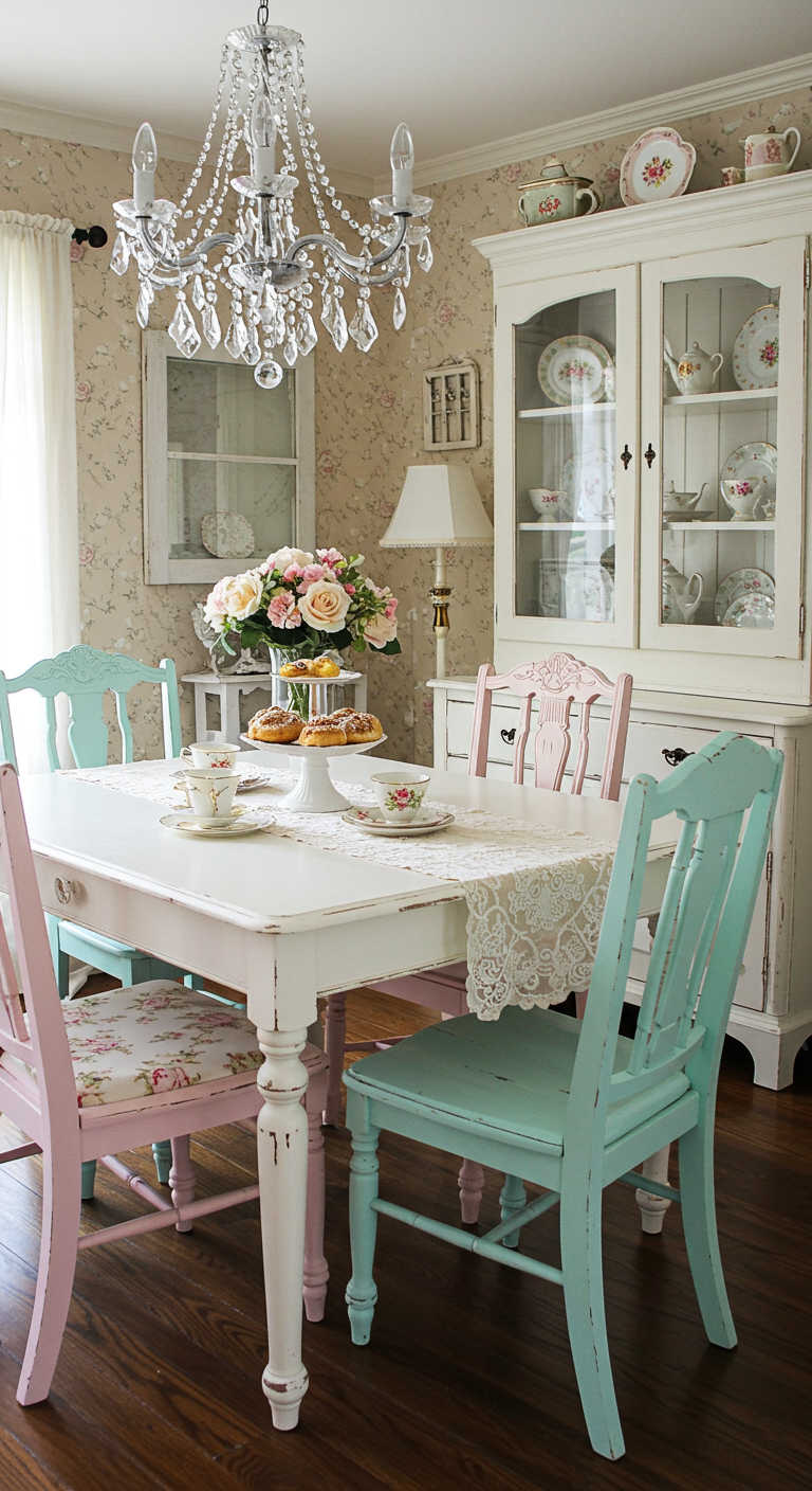 Shabby Chic Esszimmer mit pastellfarbenen Stühlen und Kristalllüster