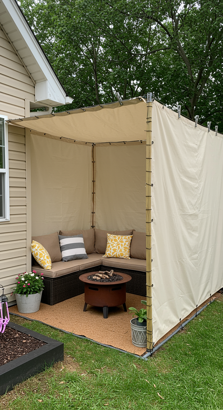 DIY-Gartenpavillon aus beigem Stoff als Sichtschutz um eine Sitzecke mit Feuerstelle.