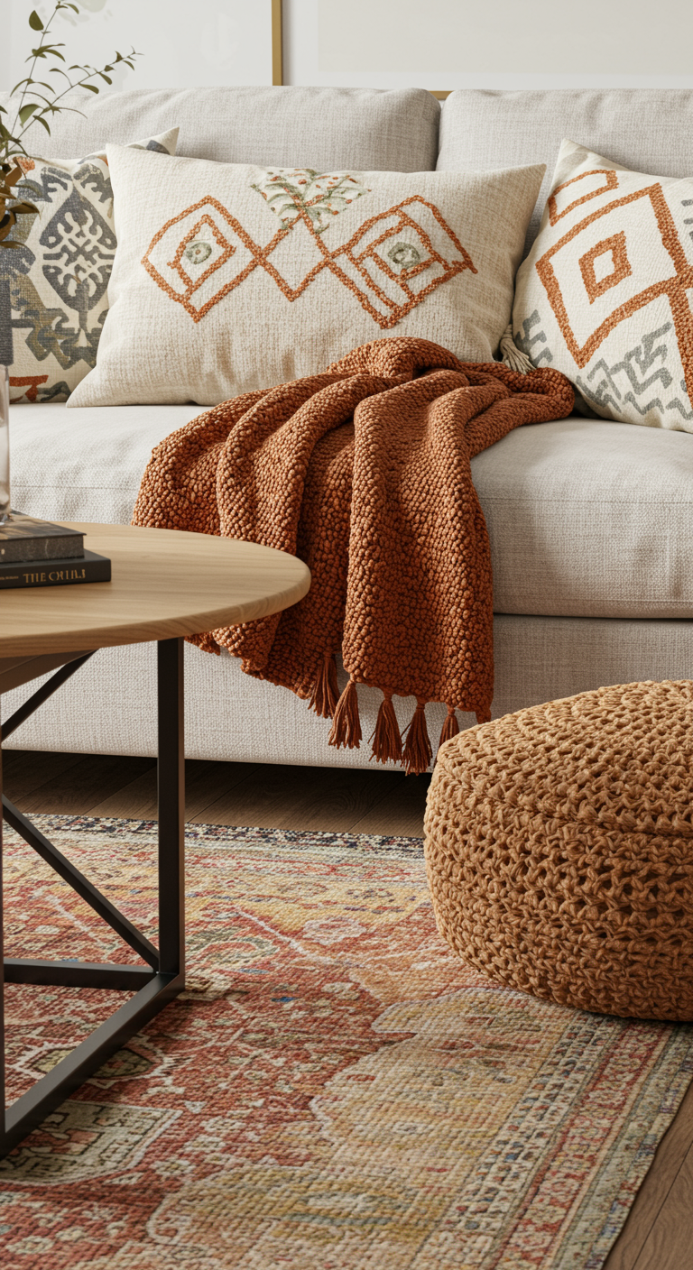 Detailaufnahme eines Sofas mit bestickten Kissen, grobgestrickter Decke und Pouf.