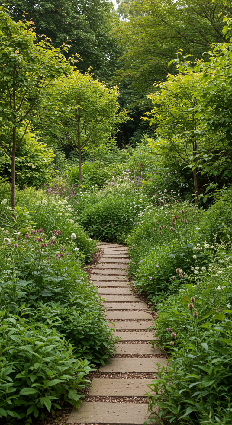 Verwunschener Gartenweg durch üppige, wild wachsende Stauden und Sträucher.