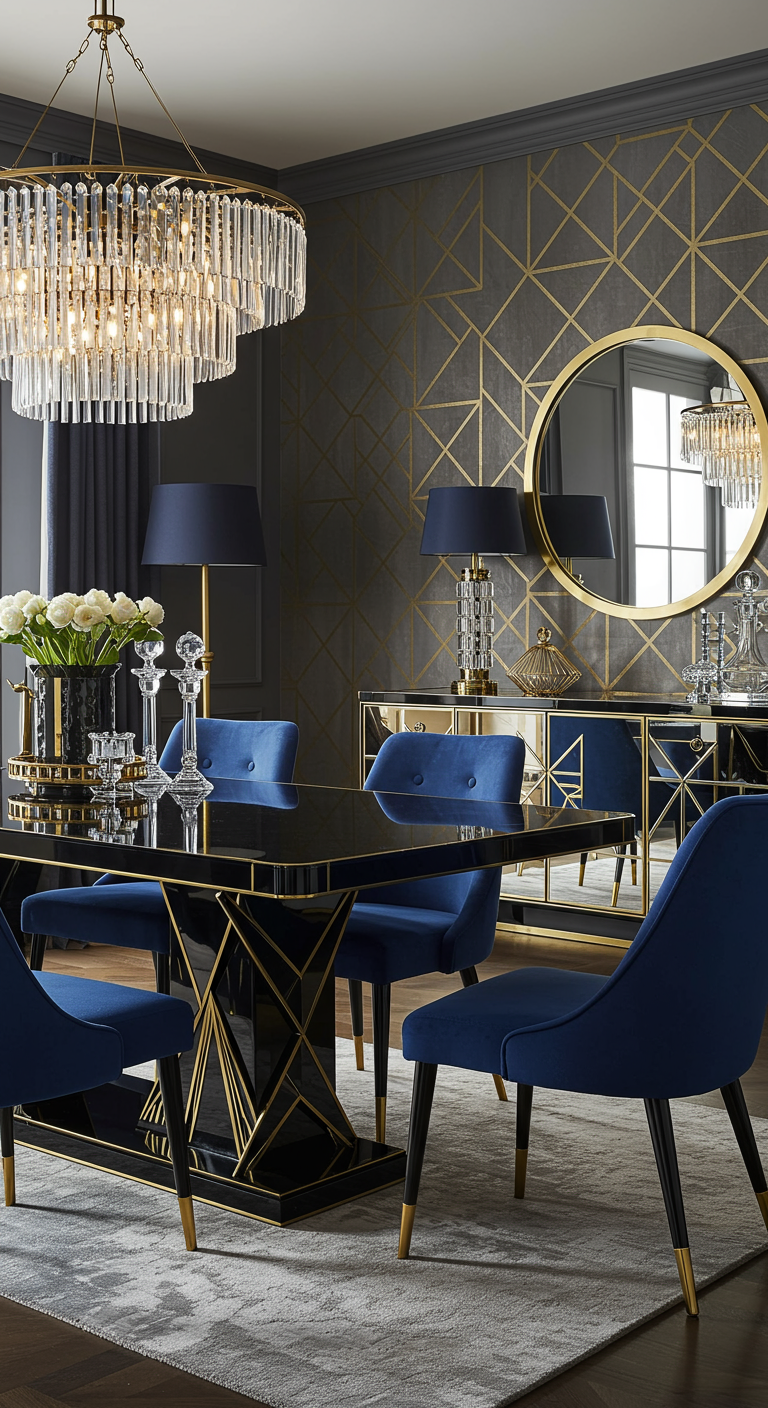 Elegantes Art Déco Esszimmer in Blau und Gold