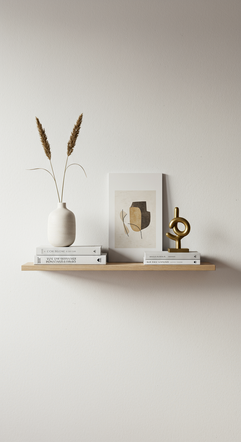 Wandregal mit wenigen Deko-Objekten: Vase mit Trockengras, Bild und goldene Skulptur.