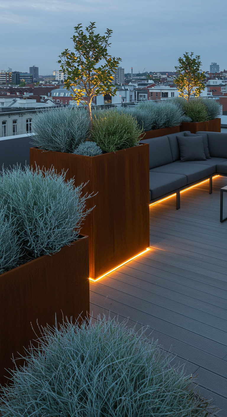 Moderne Dachterrasse mit Cortenstahl-Pflanzkübeln, grauer Lounge und indirekter Beleuchtung.