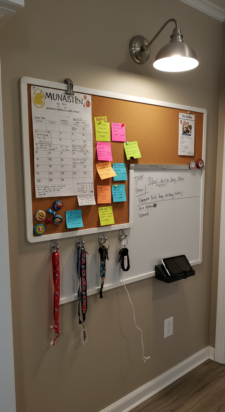 Ein großes Organisationsboard an der Wand mit Korkbereich, Whiteboard, Kalender, Notizen und Haken für Schlüssel.
