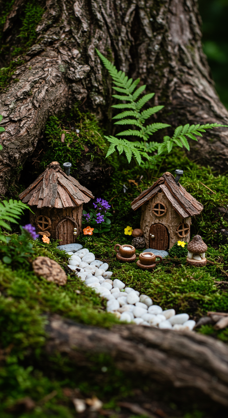Miniatur-Feengarten am Baumstamm mit kleinen Häusern, Moos, Farn und Kieselweg.