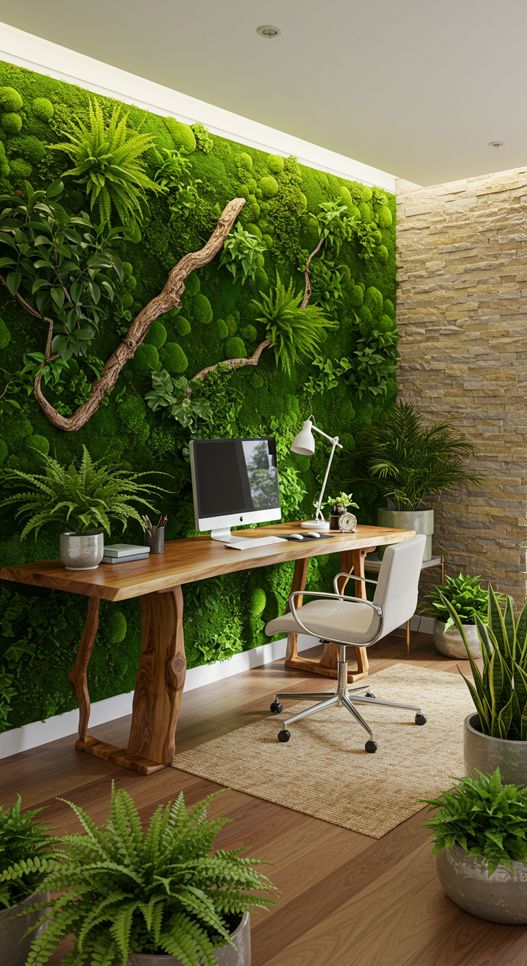Modernes Home Office mit großer, grüner Pflanzenwand hinter dem Holzschreibtisch.