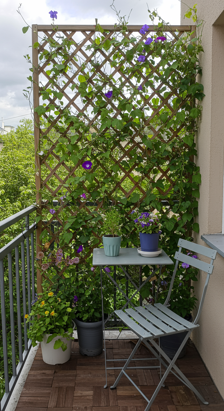 Kletterpflanze mit lila Blüten an einem Holzrankgitter auf einem Balkon.