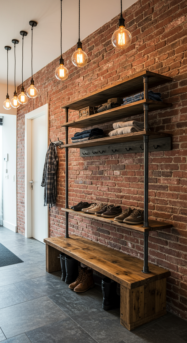 Flur im Industrial Style mit offenem Regal aus Metall und Holz vor Backsteinwand.