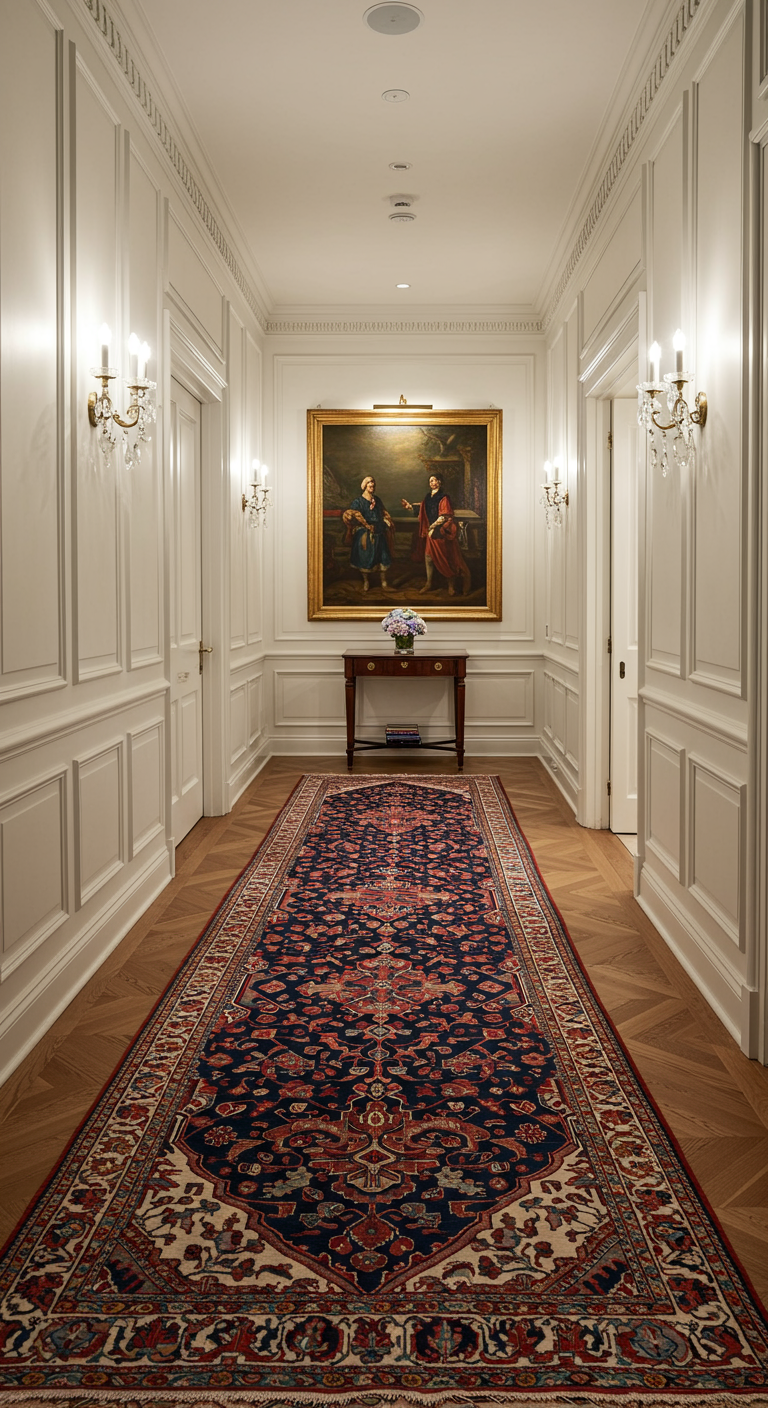 Eleganter Flur mit weißer Wandvertäfelung und langem Orientteppich