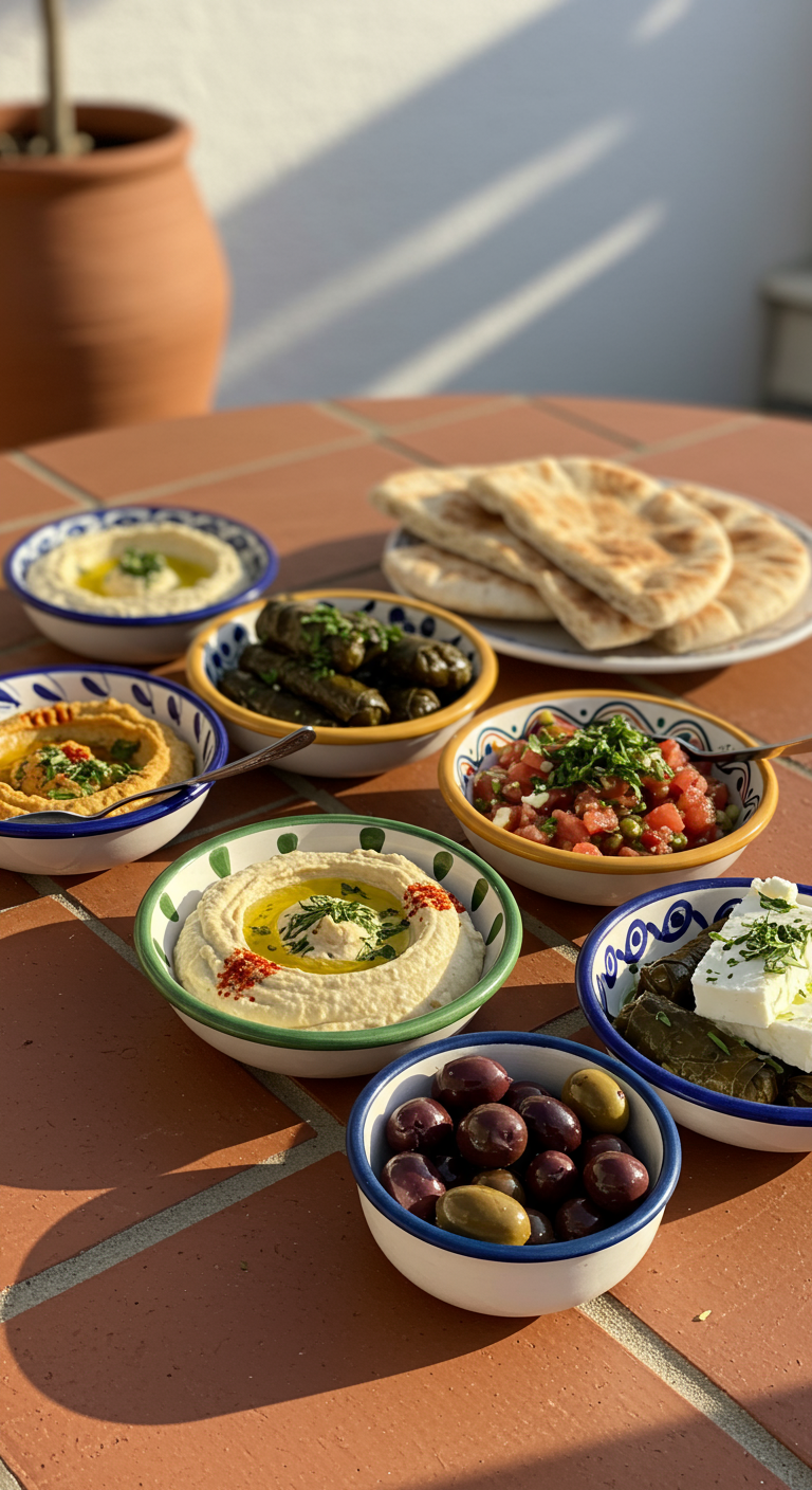 Auswahl an orientalischen Mezze in kleinen Schalen mit Fladenbrot.