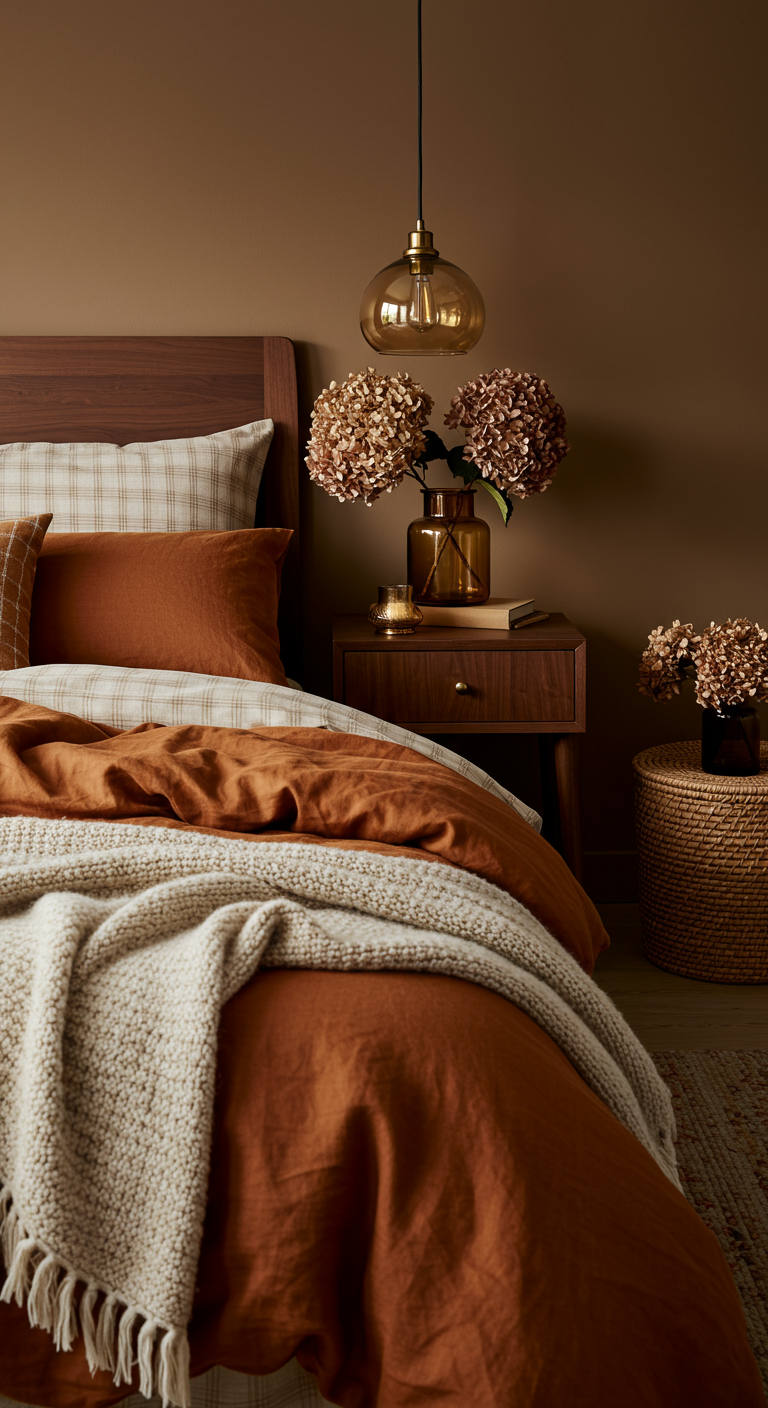 Gemütliches Schlafzimmer mit Bettwäsche in Herbstfarben und Trockenblumen auf dem Nachttisch.