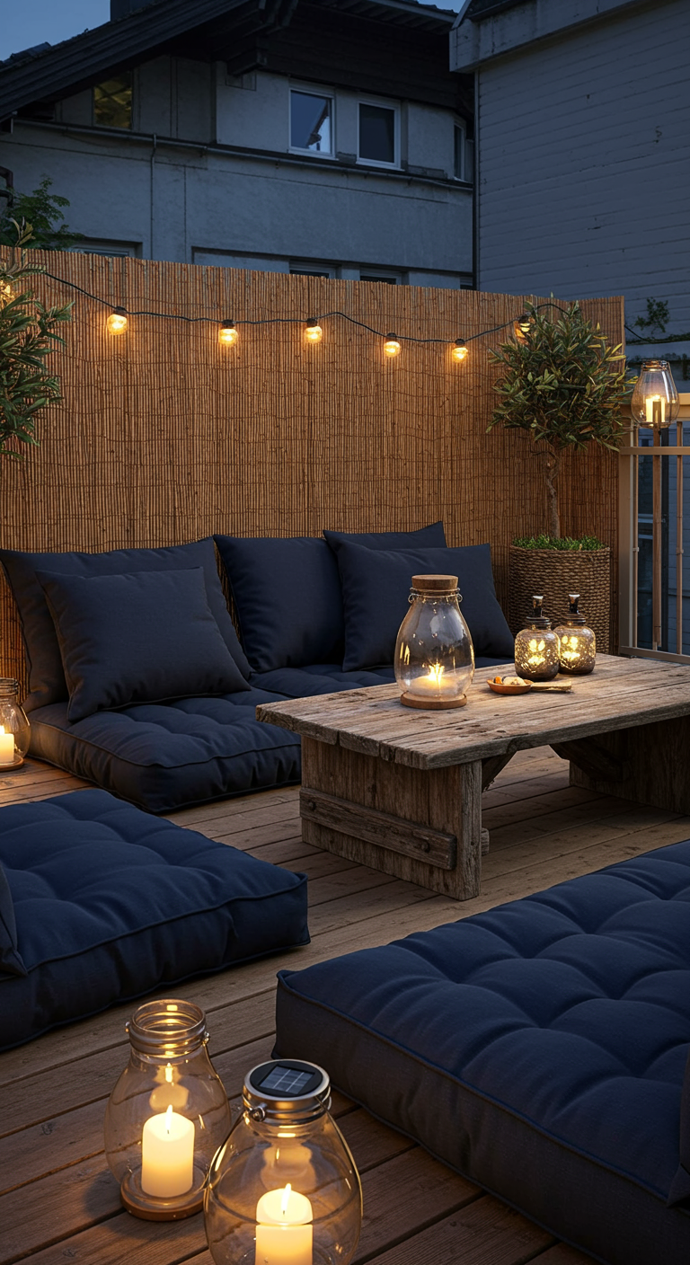 Gemütliche Balkon-Lounge mit niedrigen Sitzkissen, Holztisch und Bambus-Sichtschutz.