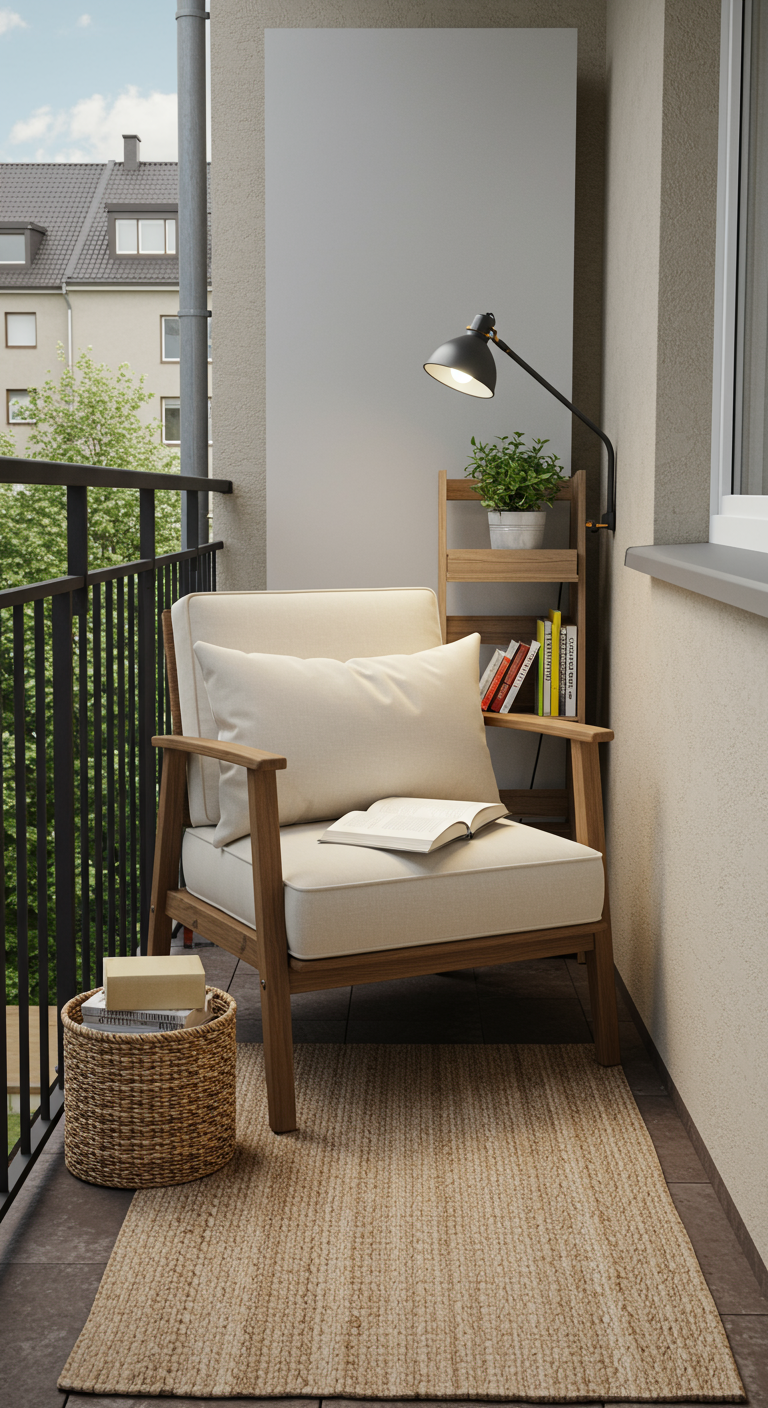 Gemütlicher Holzsessel mit hellen Polstern, kleines Bücherregal und Jute-Teppich auf Balkon.