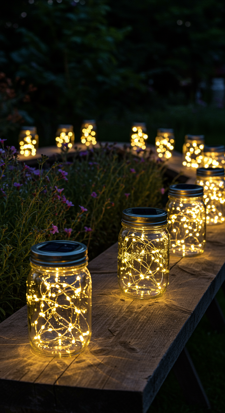 Mehrere Einmachgläser, gefüllt mit leuchtenden Solar-Lichterketten, stehen auf einer Holzbank im Garten.
