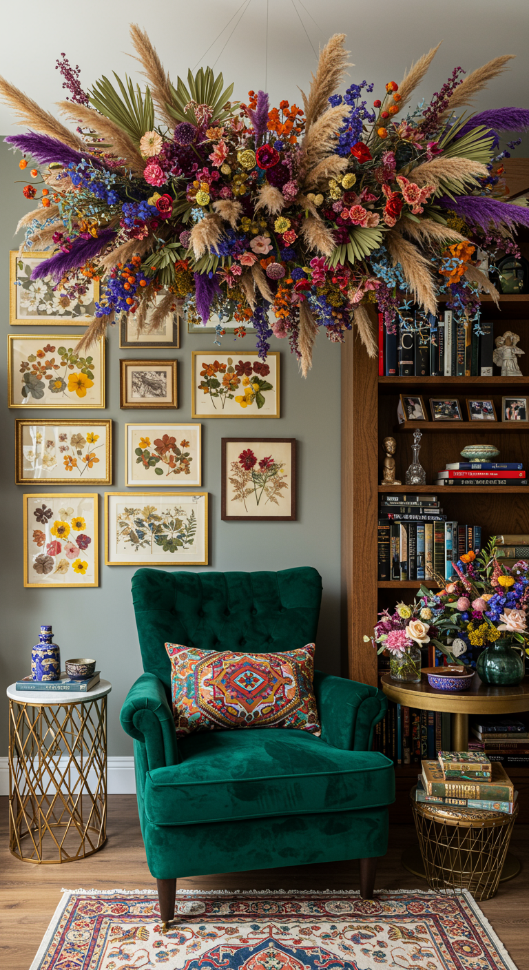 Üppige, bunte Trockenblumen-Installation hängt von der Decke über einem grünen Samtsessel.