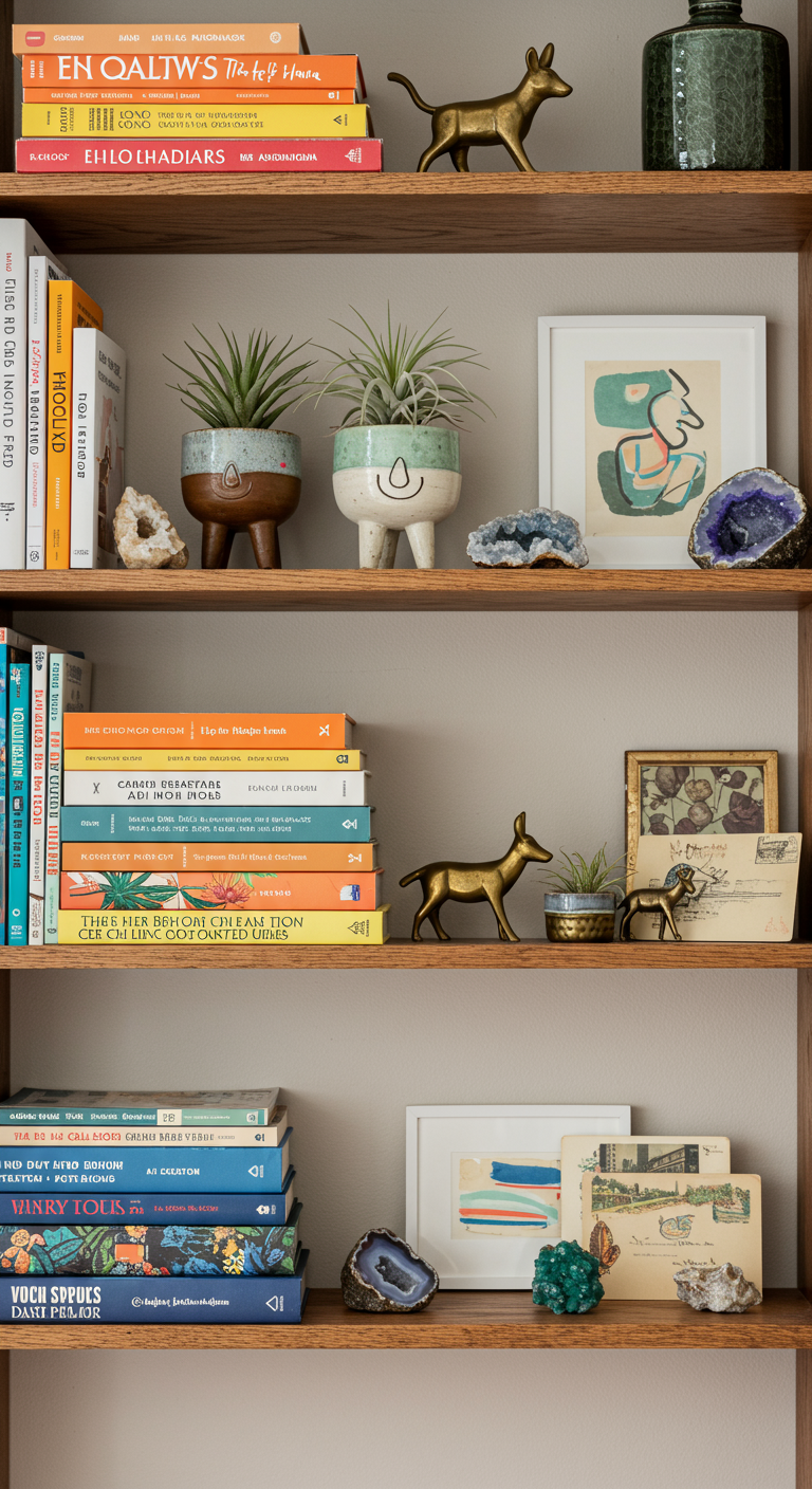 Detailansicht eines Holzregals mit Büchern, Pflanzen, Kristallen und Deko-Objekten.