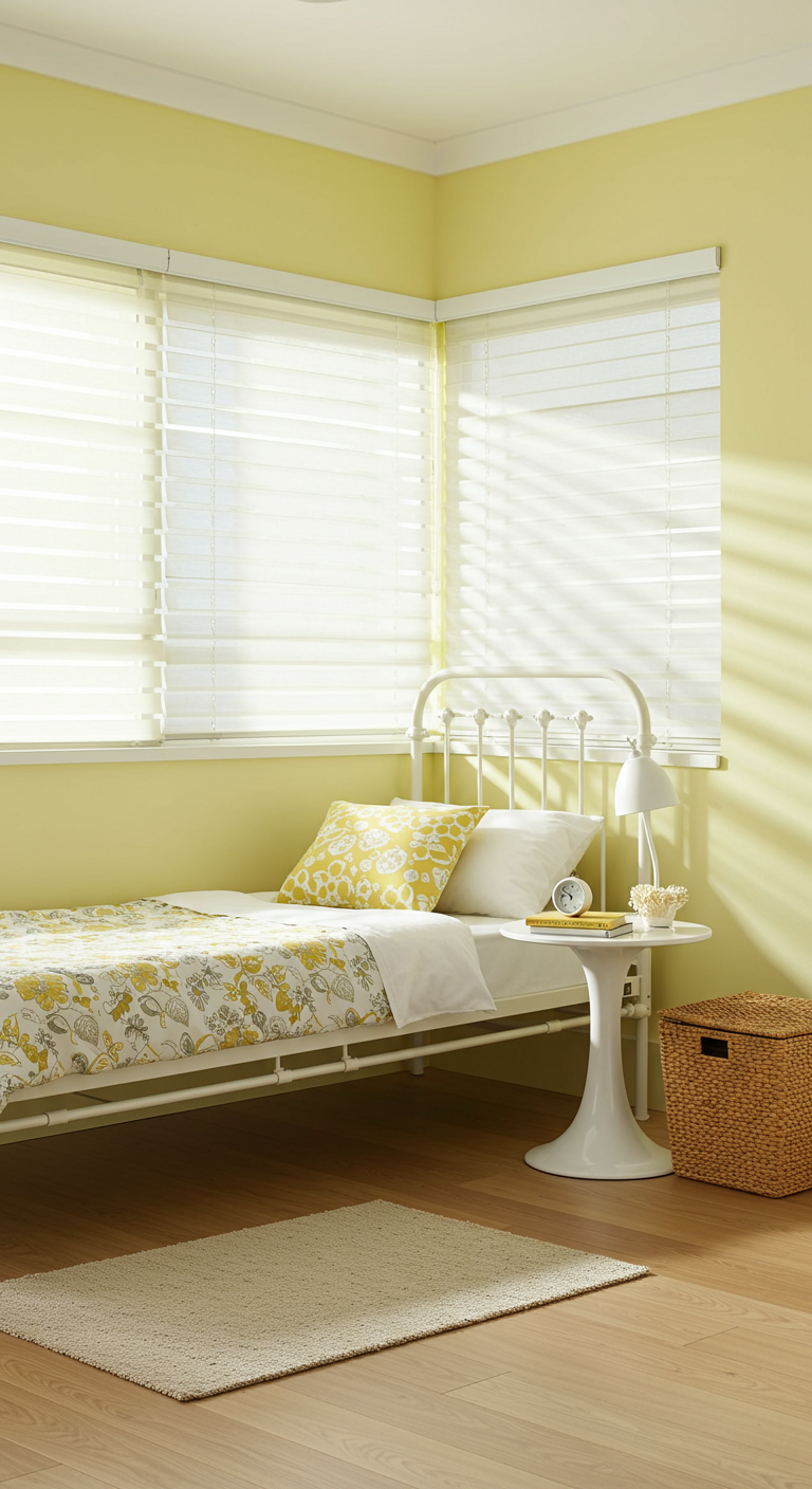 Helles Eck-Schlafzimmer mit gelben Wänden und weißem Metallbett.