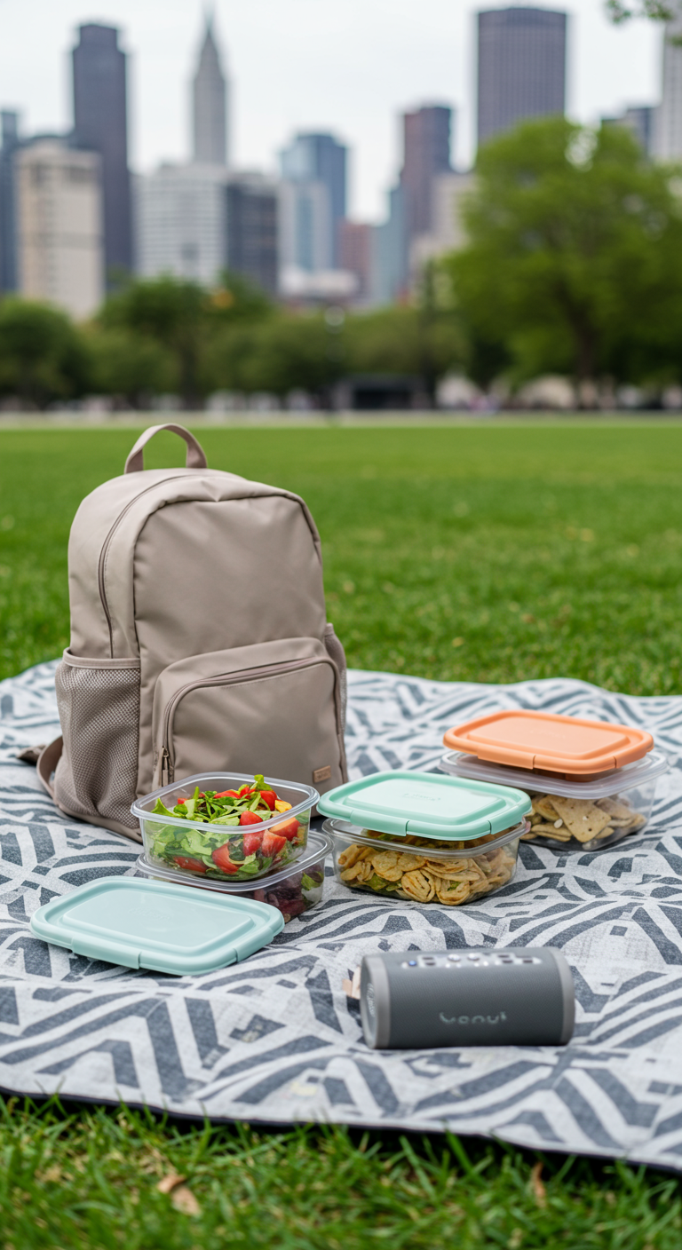 Picknick im Stadtpark mit Rucksack, Frischhaltedosen mit Salat und Snacks, Bluetooth-Lautsprecher.