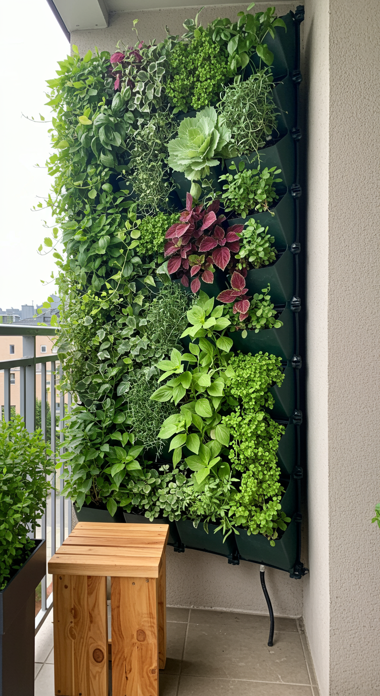 Vertikaler Garten an einer Balkonwand, üppig bepflanzt mit Kräutern und Grünpflanzen