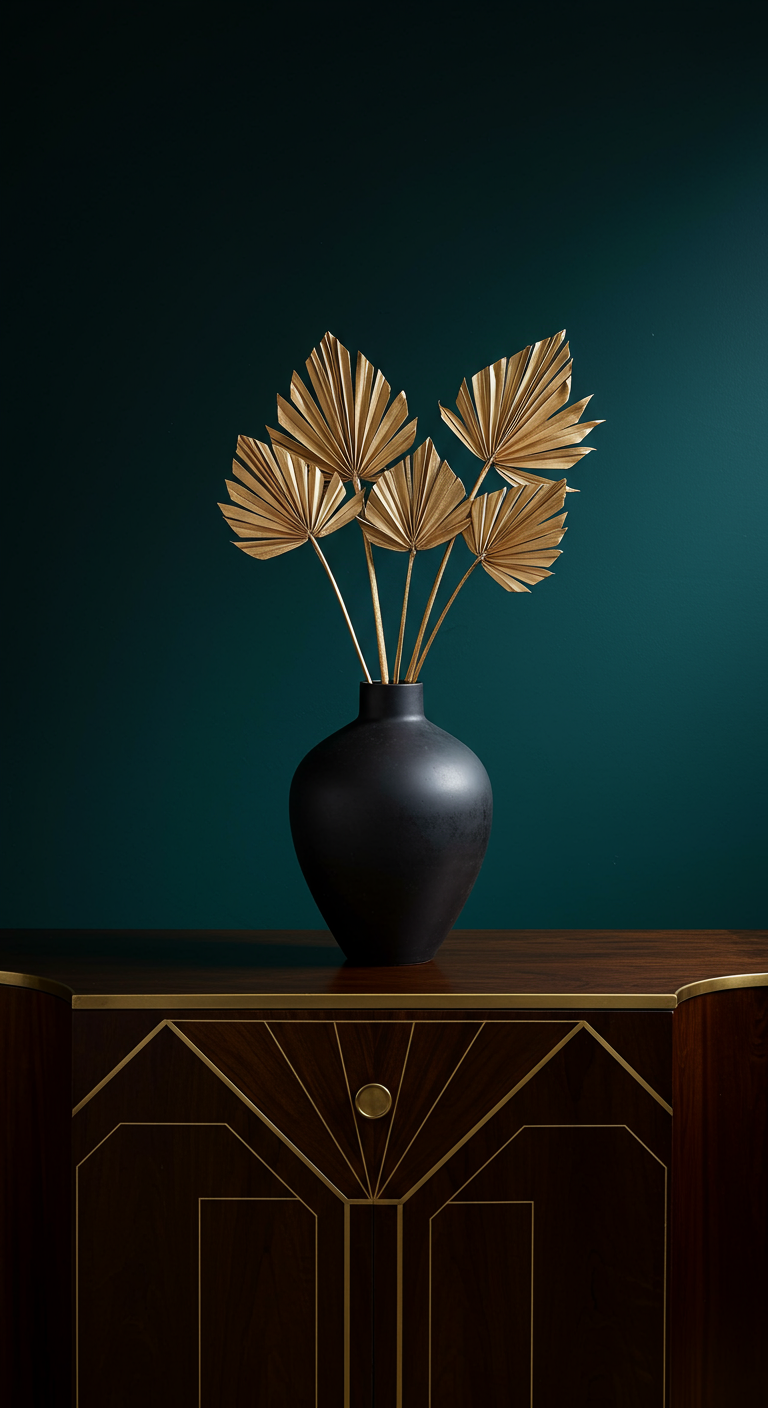Gold angesprühte, getrocknete Palmblätter in einer mattschwarzen Vase vor einer dunkelgrünen Wand.