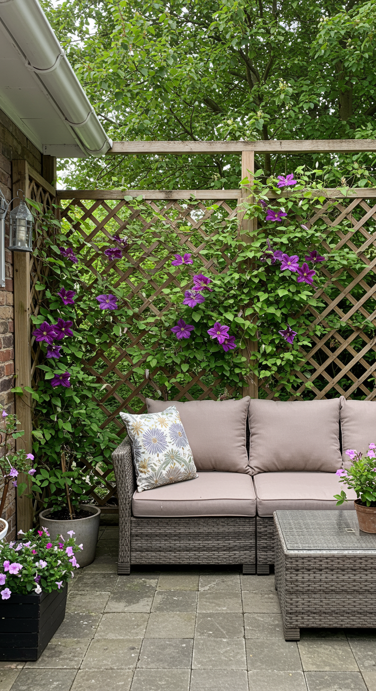 Holz-Rankgitter, bewachsen mit blühender Clematis, vor einer Gartensitzecke.