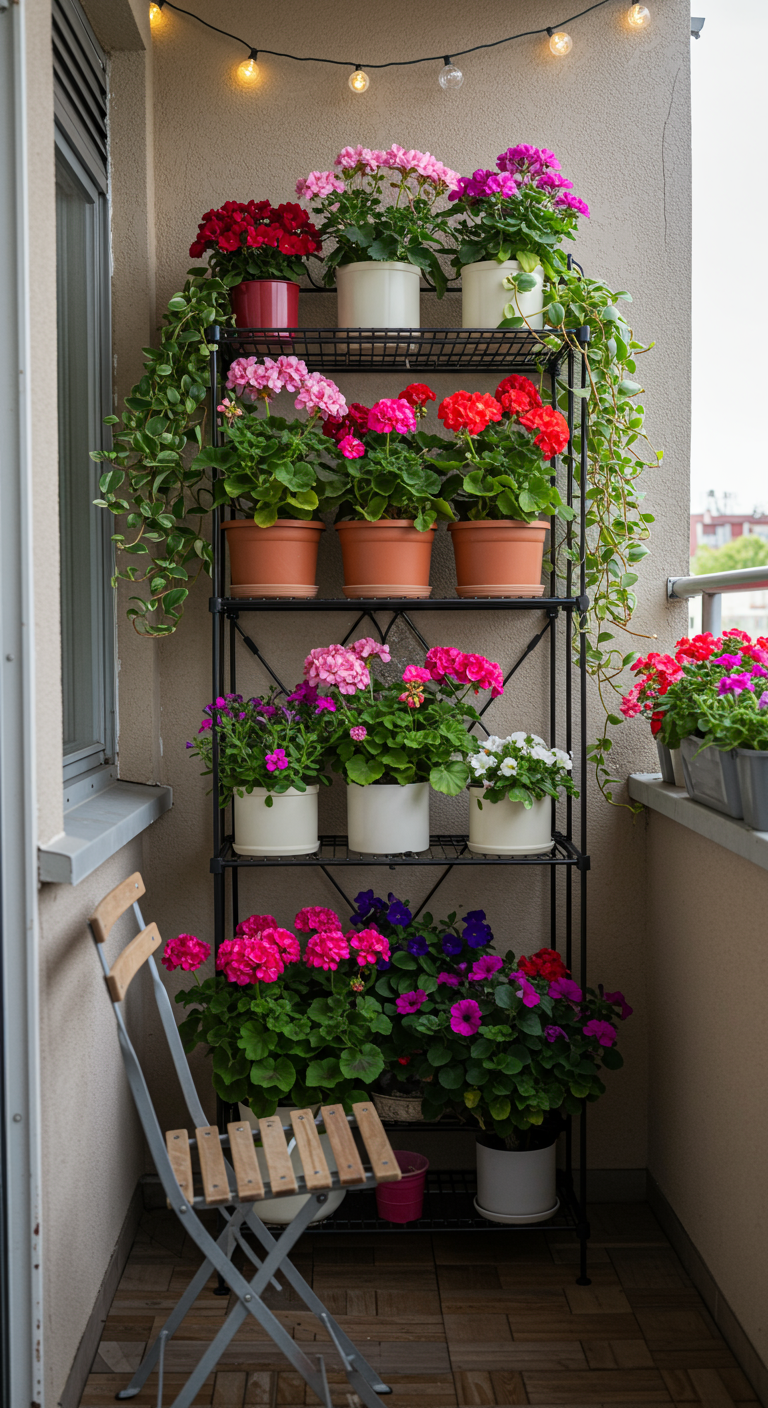 Schmales schwarzes Metallregal voller bunter Blumen auf einem kleinen Balkon.