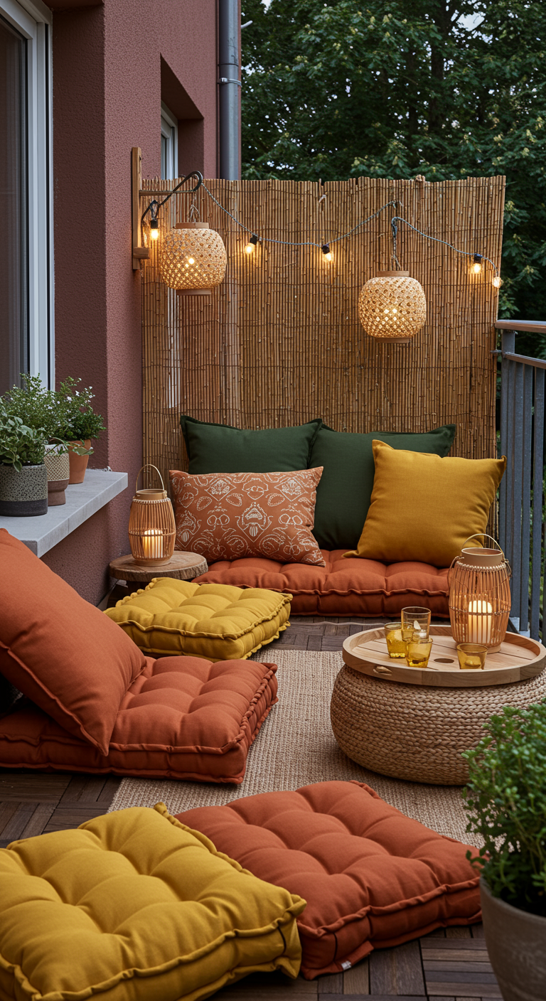 Balkon-Lounge mit vielen Bodenkissen in Erdtönen, niedrigem Tisch und Bambus-Sichtschutz.