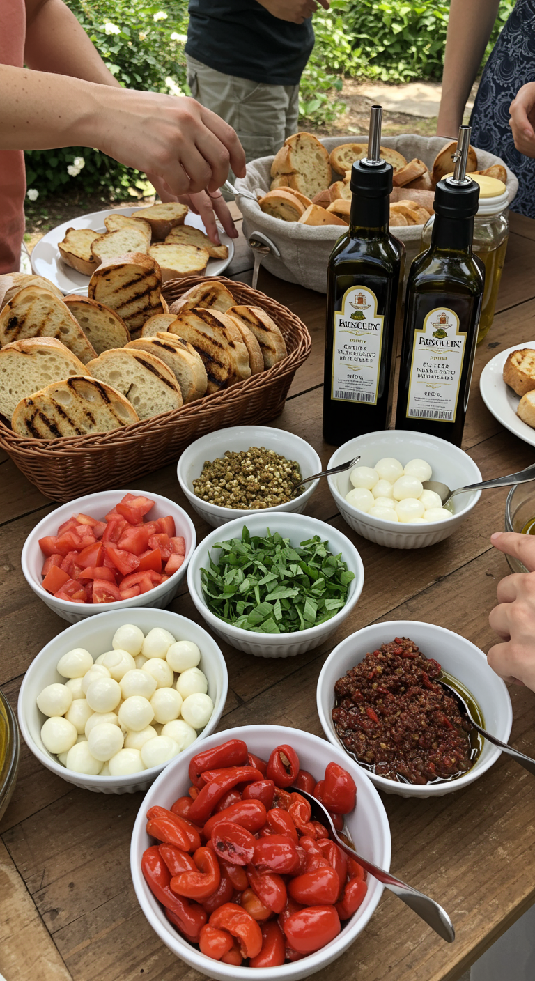 Bruschetta Bar mit geröstetem Brot und verschiedenen Belägen in Schalen.