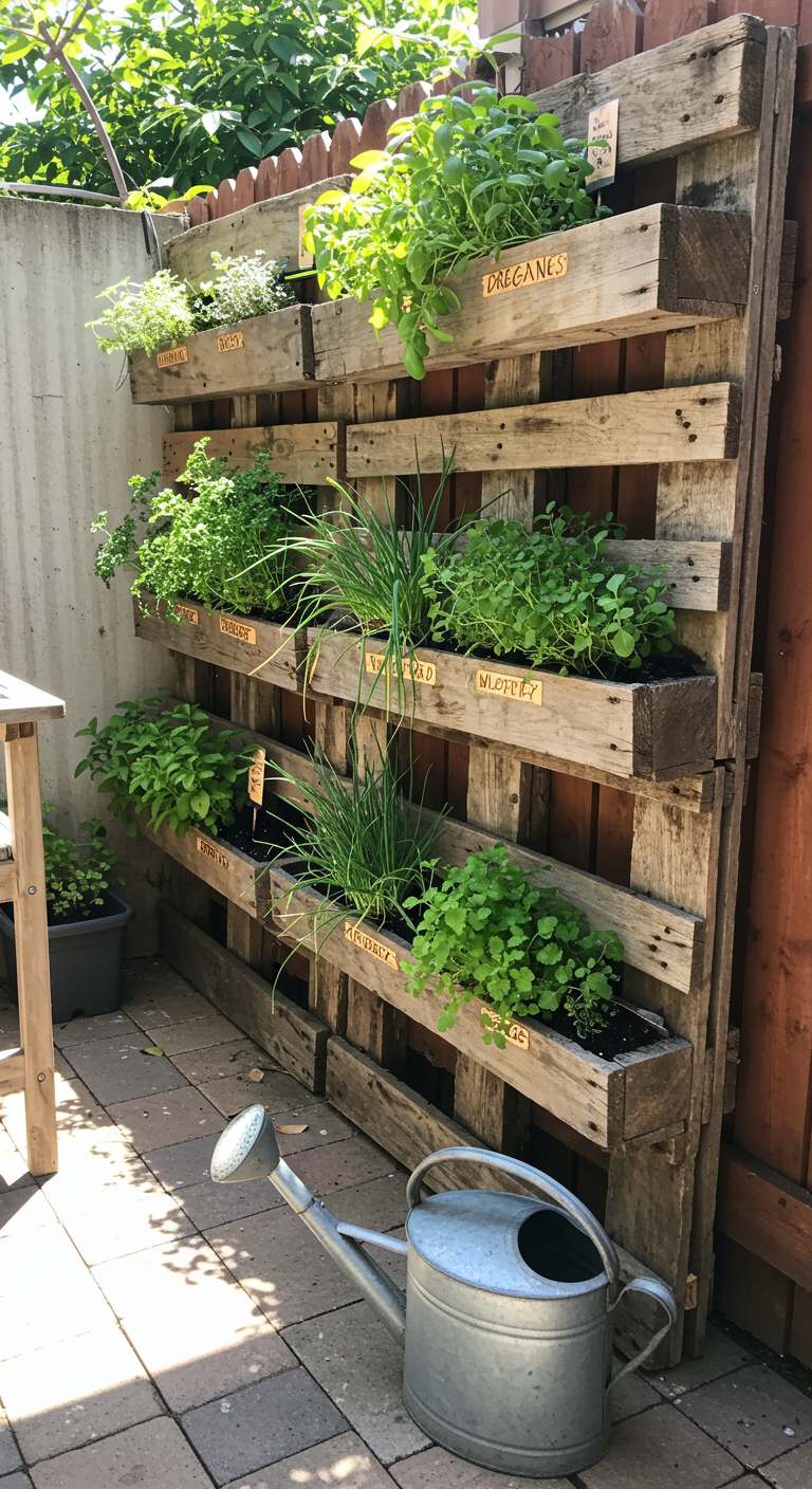 Vertikaler Kräutergarten aus einer Holzpalette, bepflanzt mit verschiedenen Kräutern.