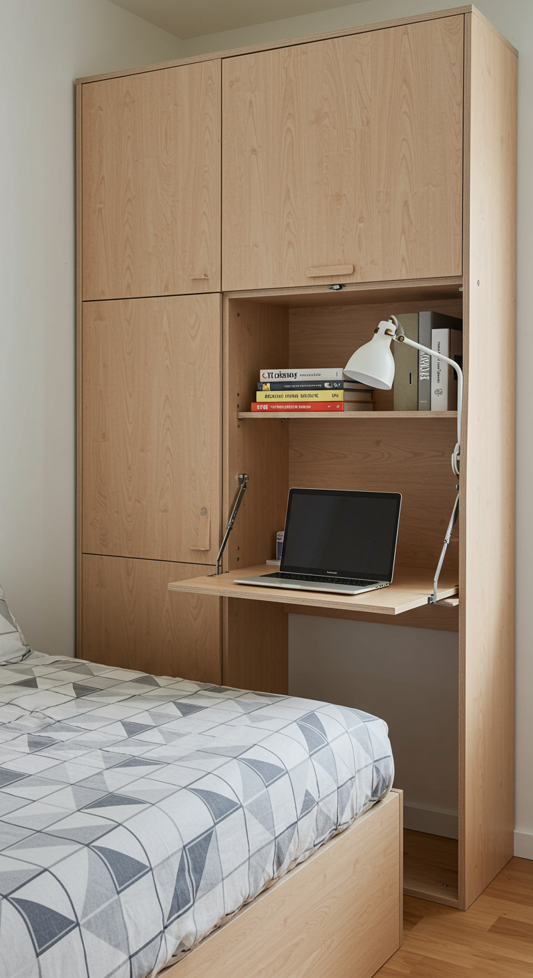 Heller Holzschrank mit integriertem, ausklappbarem Schreibtisch.