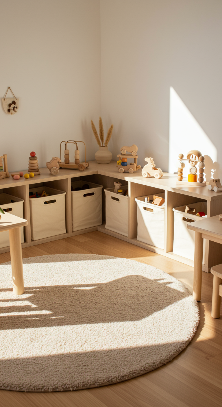 Helles Kinderzimmer-Ecke mit niedrigen Regalen, Stoffkörben und Holzspielzeug.