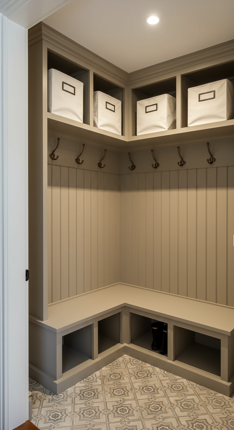 Eingebaute Eckgarderobe in Beige mit Haken, Sitzfläche und Fächern oben und unten.