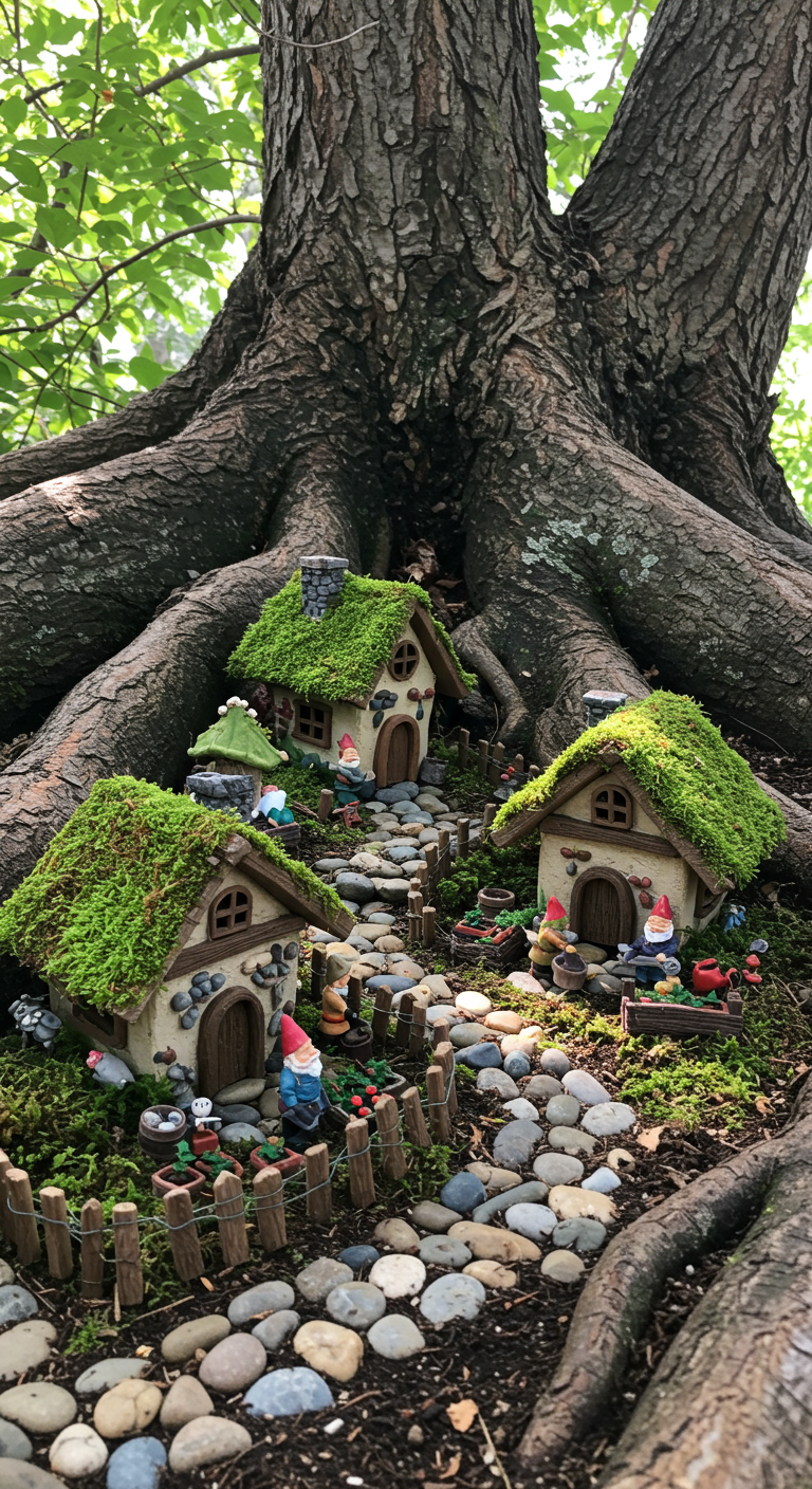 Detailreicher Miniatur-Feengarten mit kleinen Häusern und Figuren an den Wurzeln eines Baumes