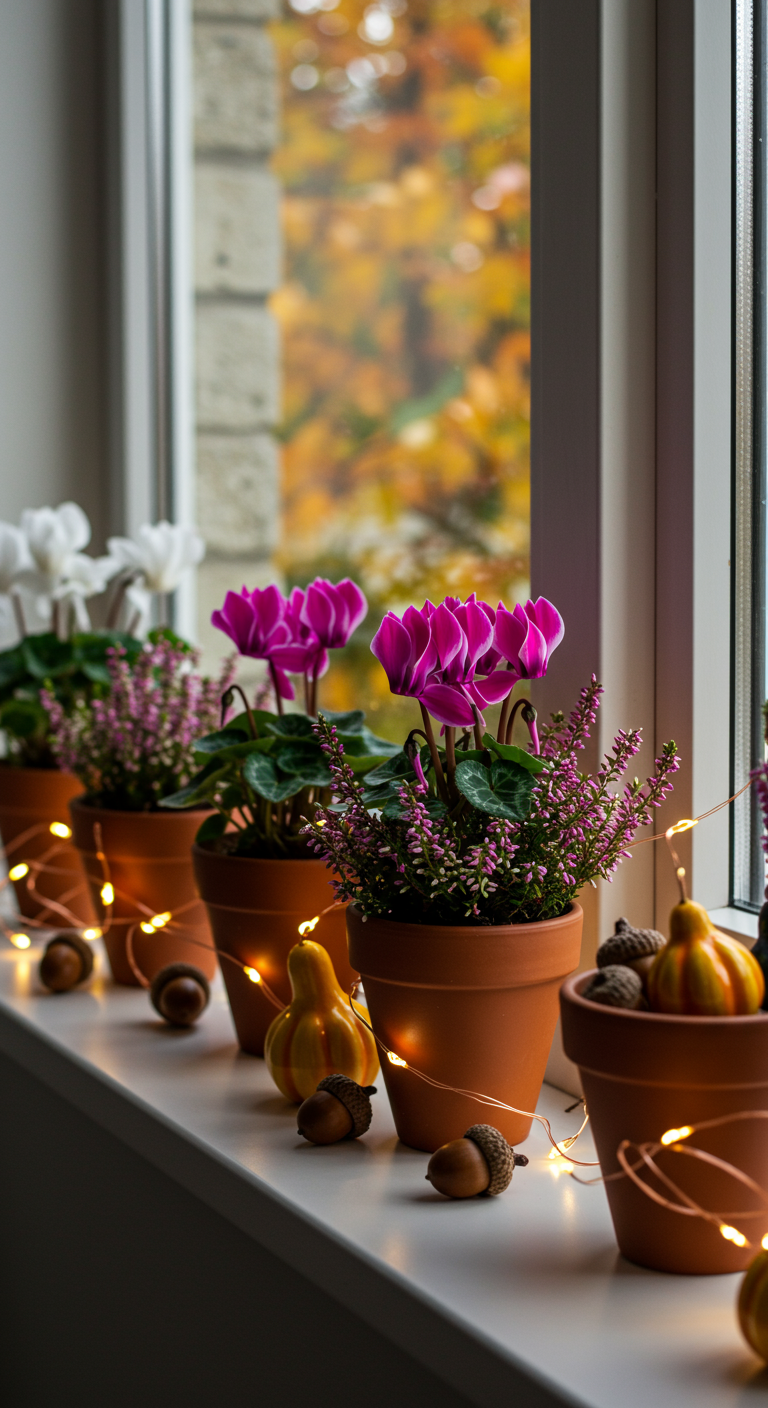 Herbstlich bepflanzte Terrakotta-Töpfe mit Alpenveilchen und Heide auf der Fensterbank.