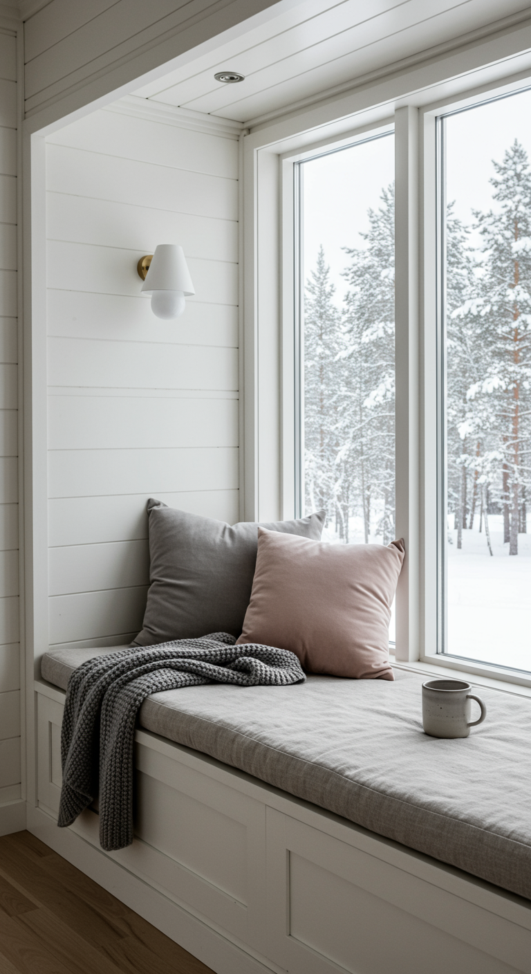 Gemütliche Fensternische mit Polsterung, Kissen und Decke im Winter.