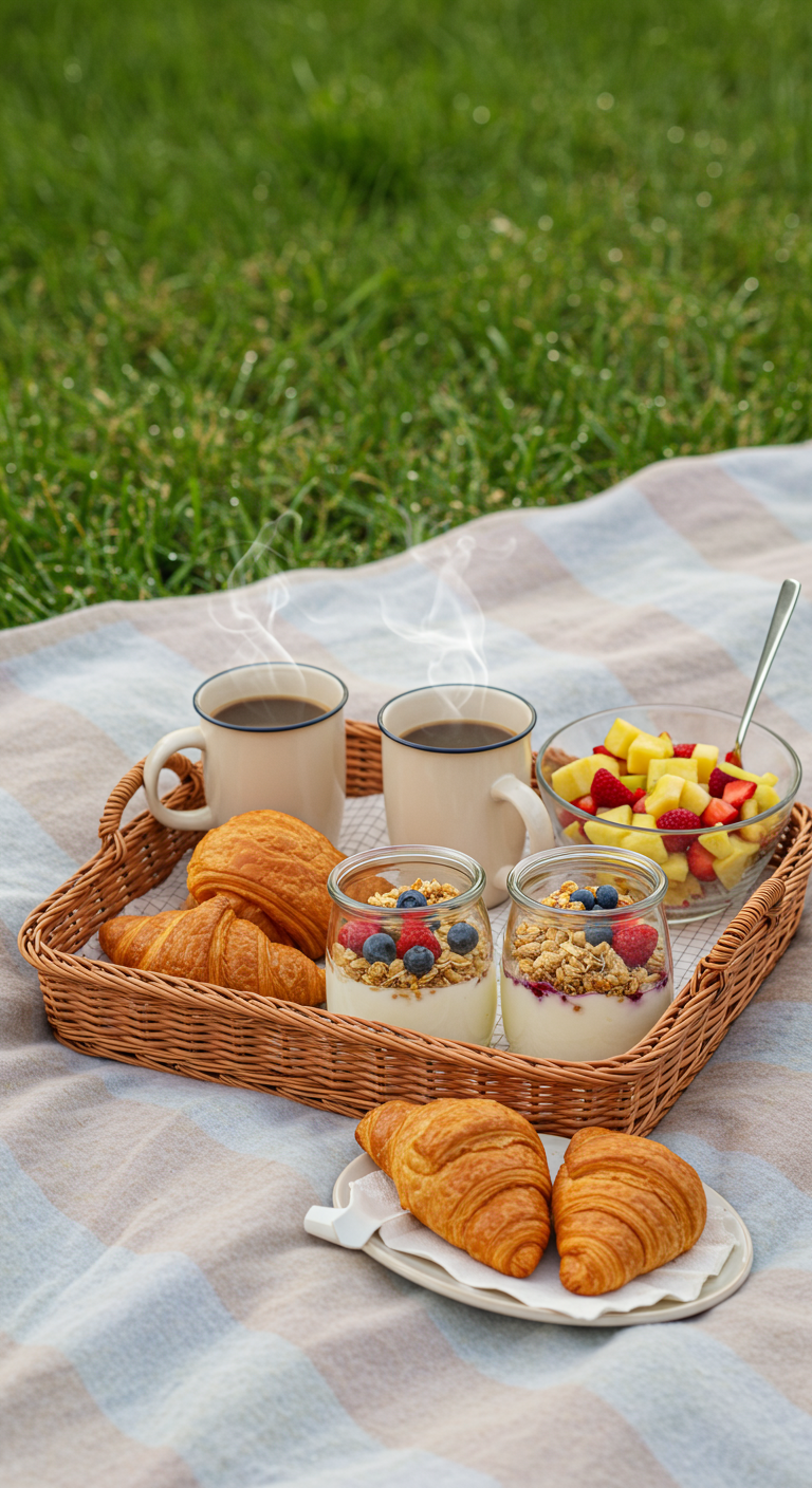 Frühstücks-Picknick mit Kaffee, Croissants, Obstsalat und Joghurt im Glas auf einem Tablett.