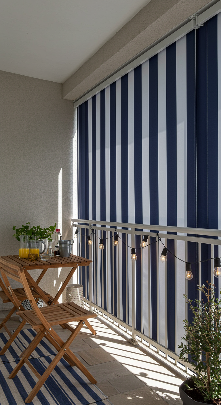 Balkon mit blau-weiß gestreifter Senkrechtmarkise, Holzklapptisch und Stühlen.