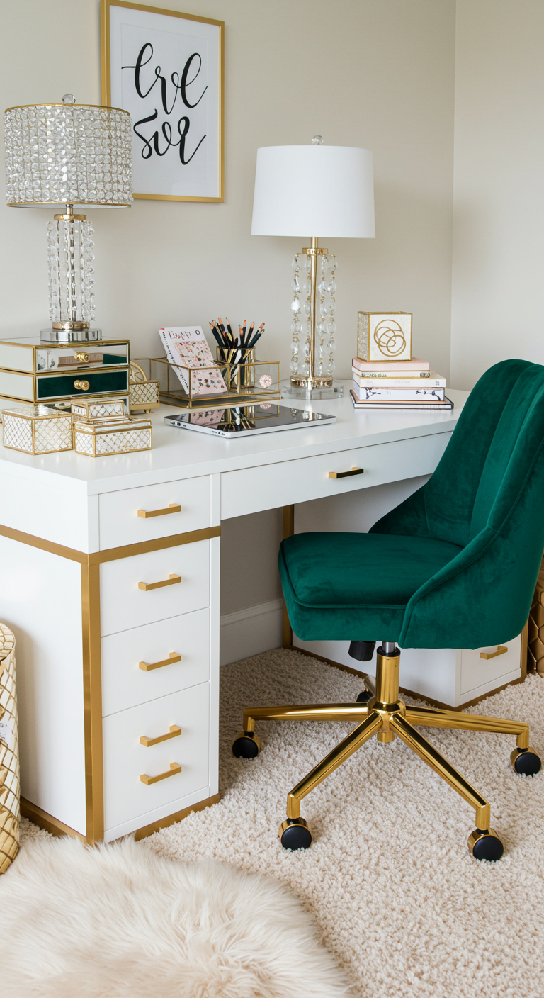 Elegantes Home Office in Weiß und Gold mit grünem Samtstuhl und Kristall-Lampen.