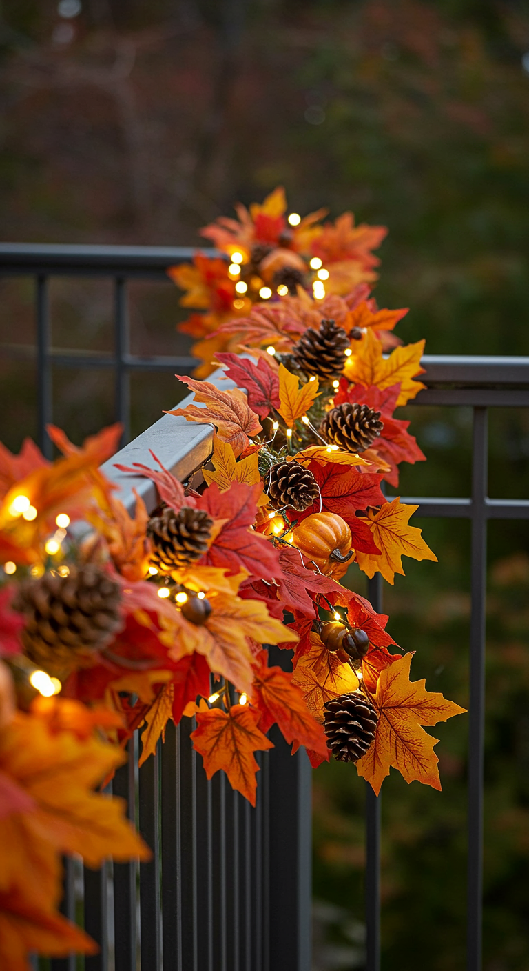 Herbstliche Girlande aus Blättern, Zapfen, Kürbissen und Lichtern an einem Metallgeländer.