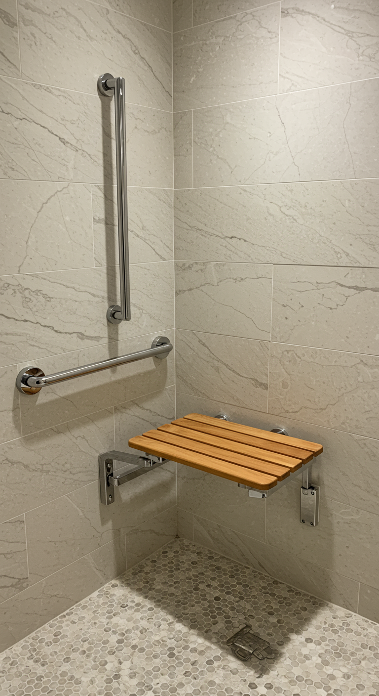 Wandmontierter Klappsitz aus Holz in einer gefliesten Dusche
