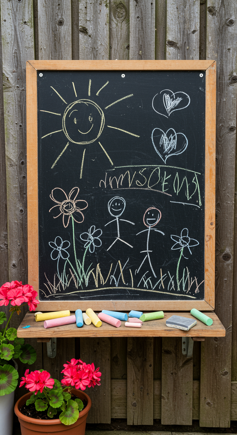 Schwarze Kreidetafel hängt an einer Holzwand, bemalt mit Kinderzeichnungen und mit Kreideablage.