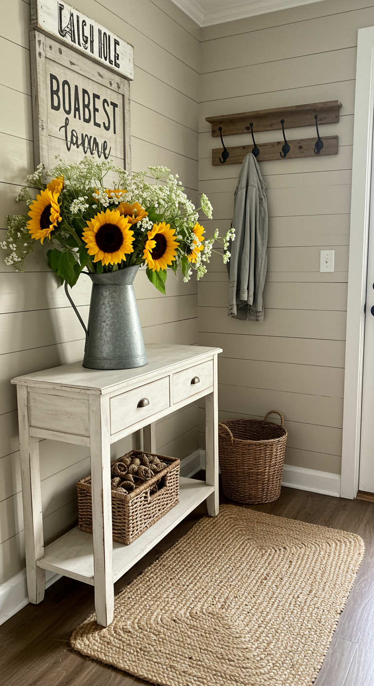 Zinkkanne mit Sonnenblumen auf weißer Konsole im Landhausstil.